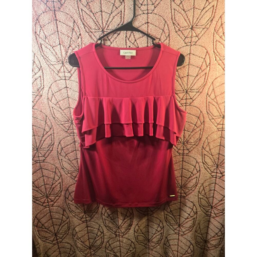 Calvin Kline Women Pink Sleeveless Ruffle Top Shirt SZM Knit Blouse Solid Cami
